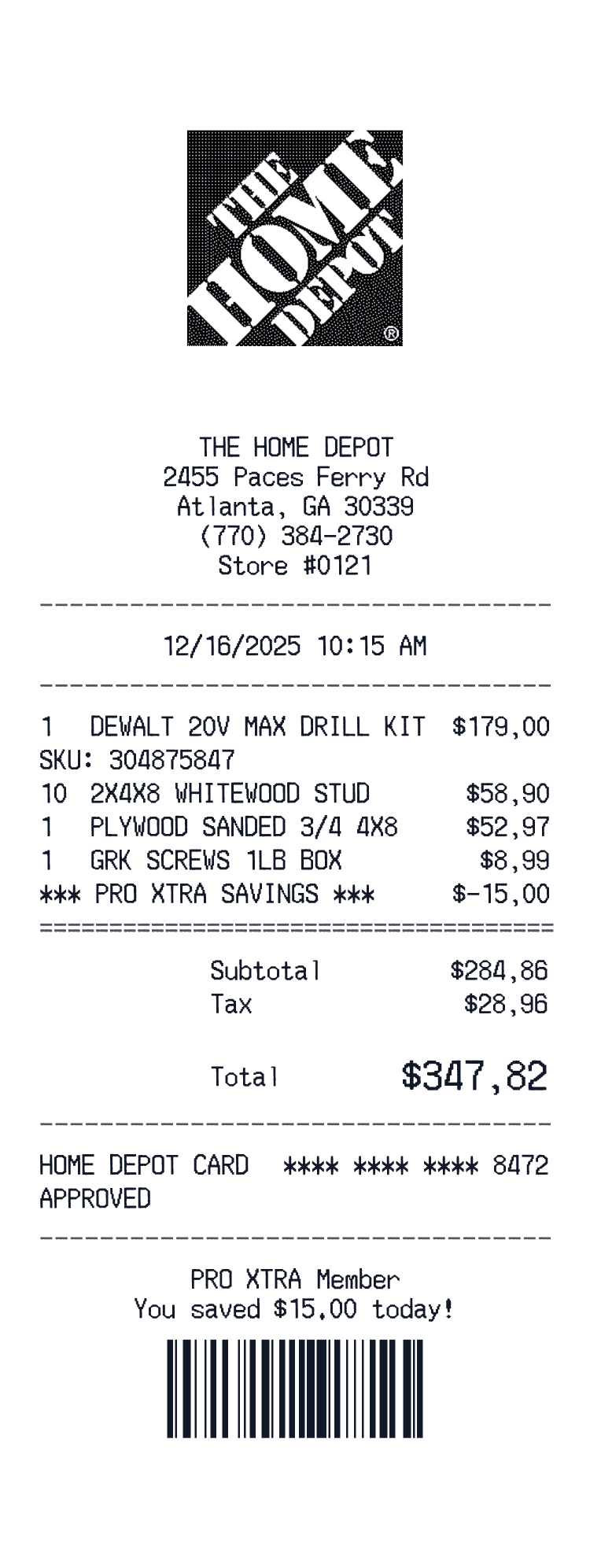 Home Depot Receipt example Power Tools and Lumber preview