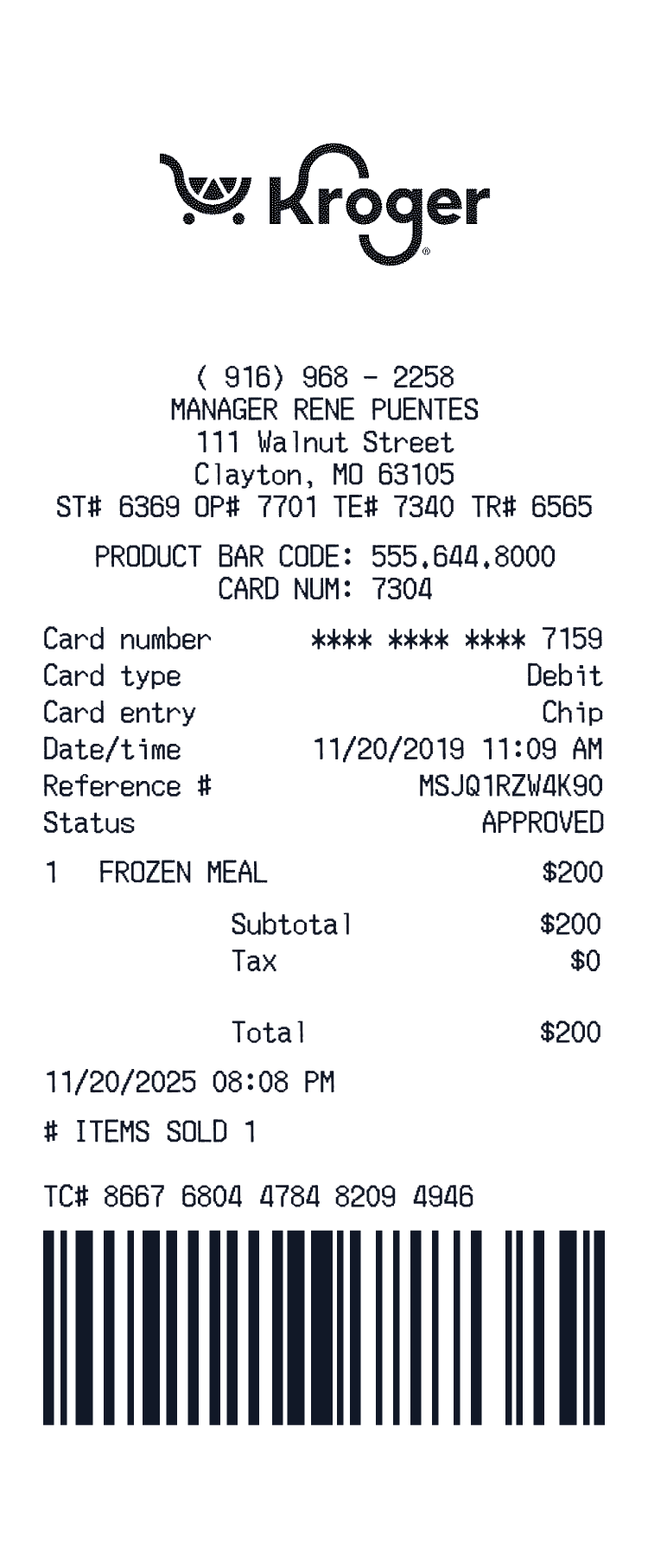 Kroger Receipt example with Google Play Card for 200 dollars preview