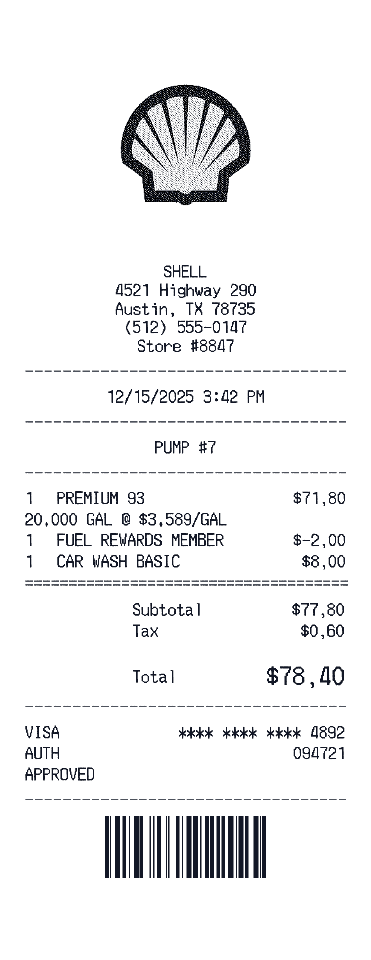 Shell Gas Receipt example with Premium Fuel 20 gallons preview