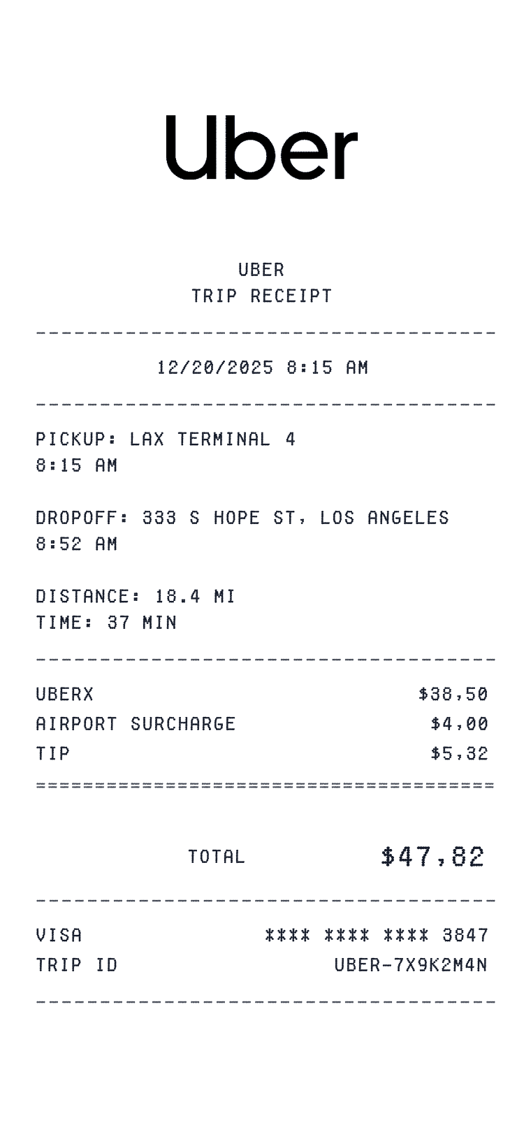 Uber Ride Receipt example Airport to Downtown preview