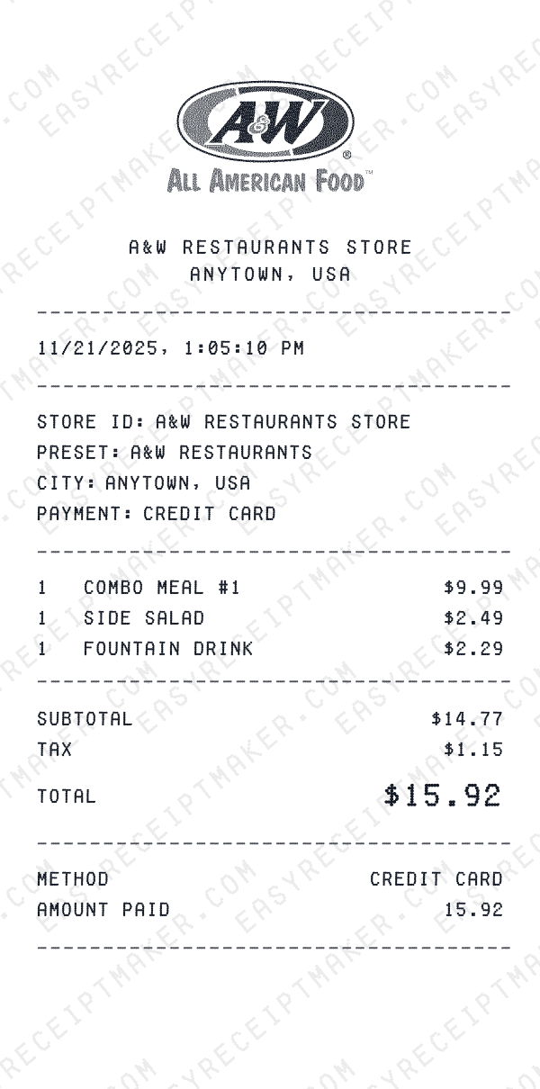 A&W Restaurants receipt template generator preview