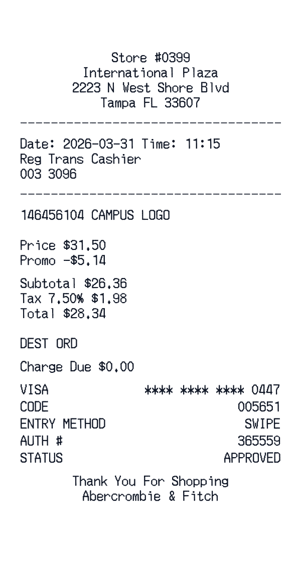 Abercrombie & Fitch receipt template generator preview