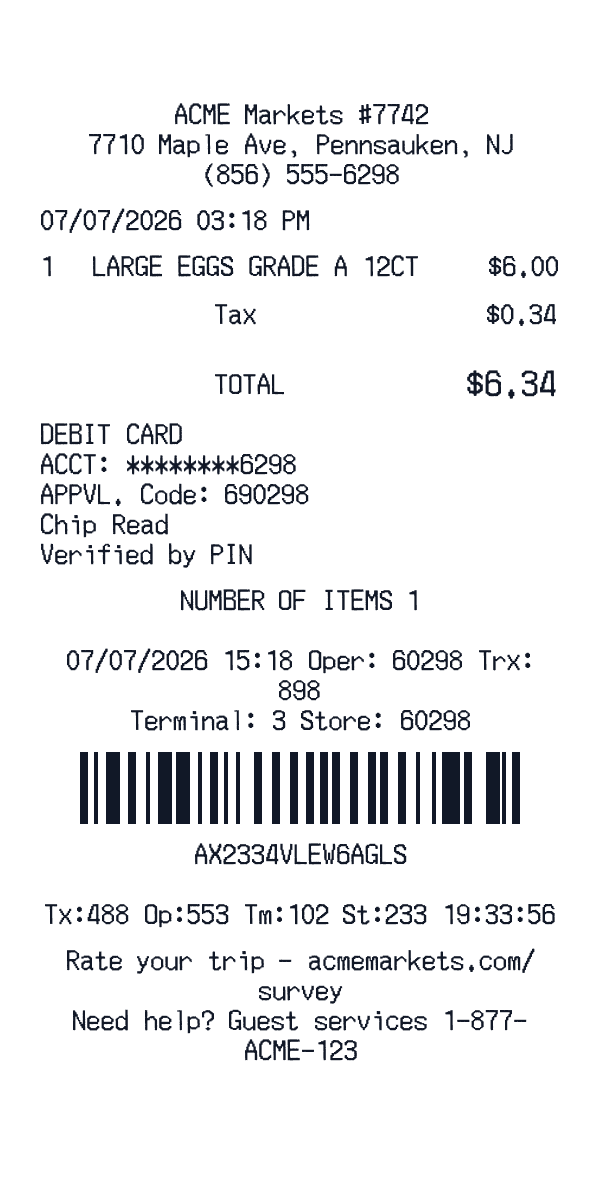 ACME Markets receipt template example