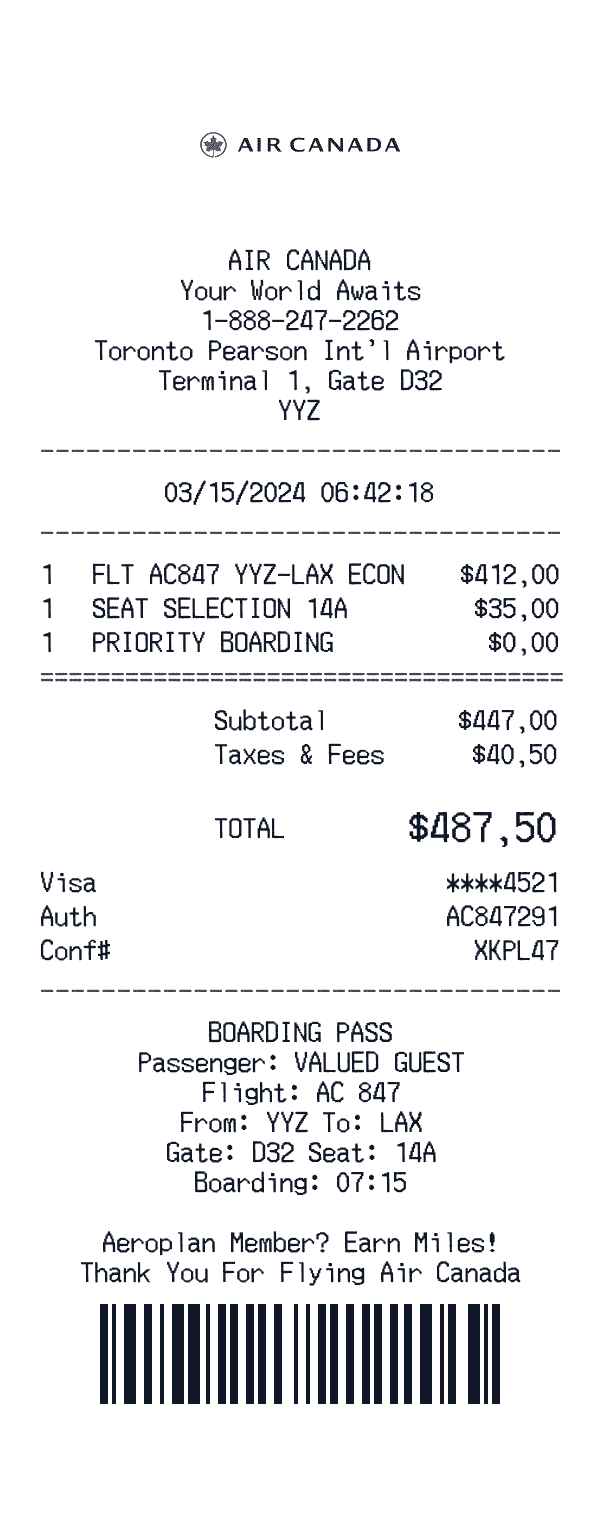 Air Canada receipt template example