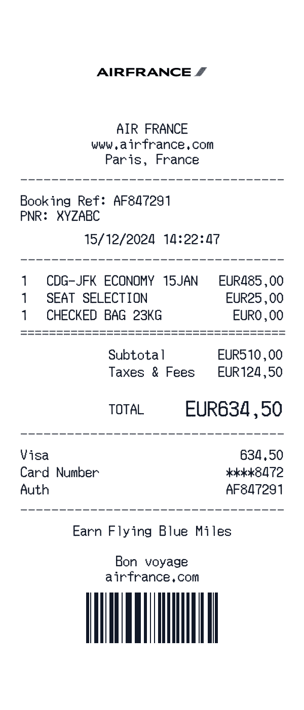 Air France receipt template