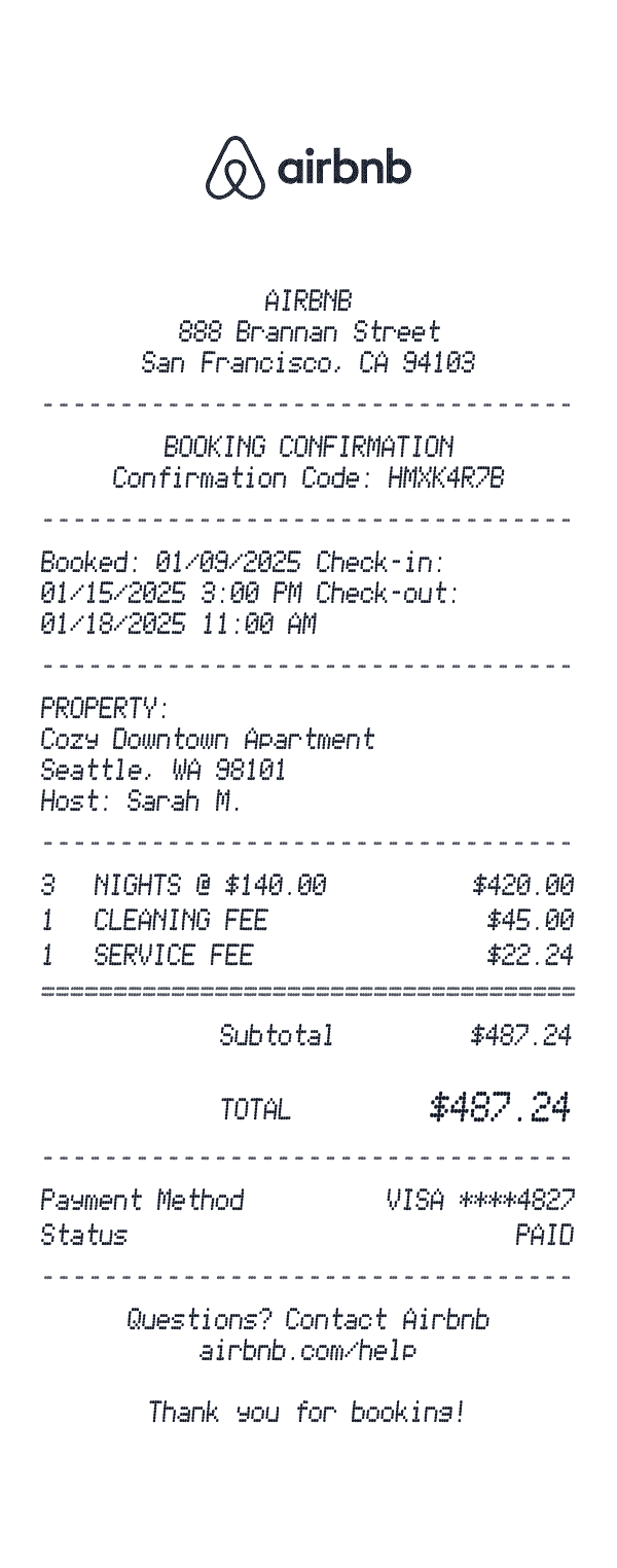 Airbnb receipt template example