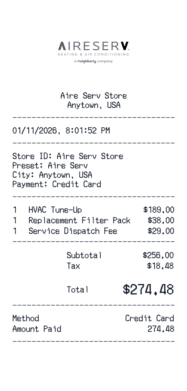 Aire Serv receipt template example