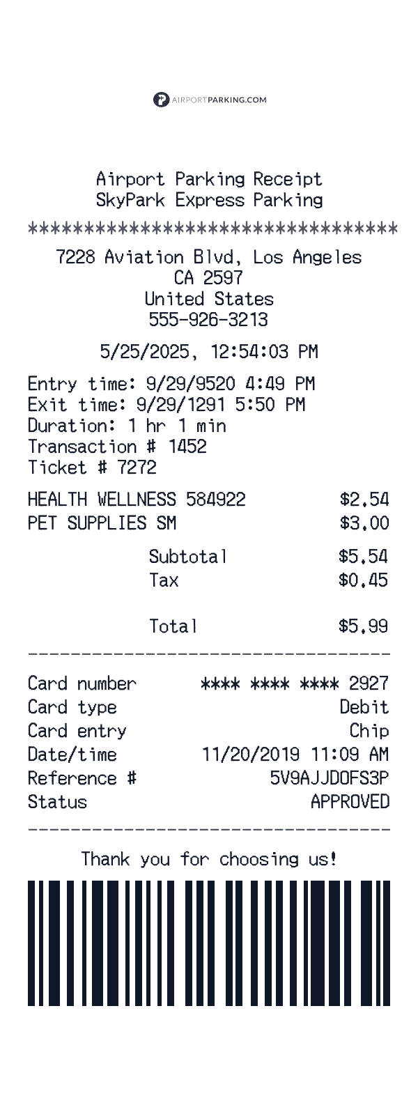 Airport Parking receipt template example