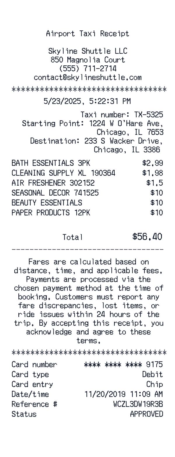 Airport Taxi receipt template example