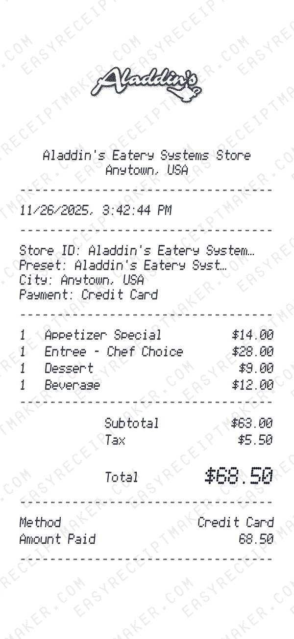 Aladdin's Eatery Systems receipt template
