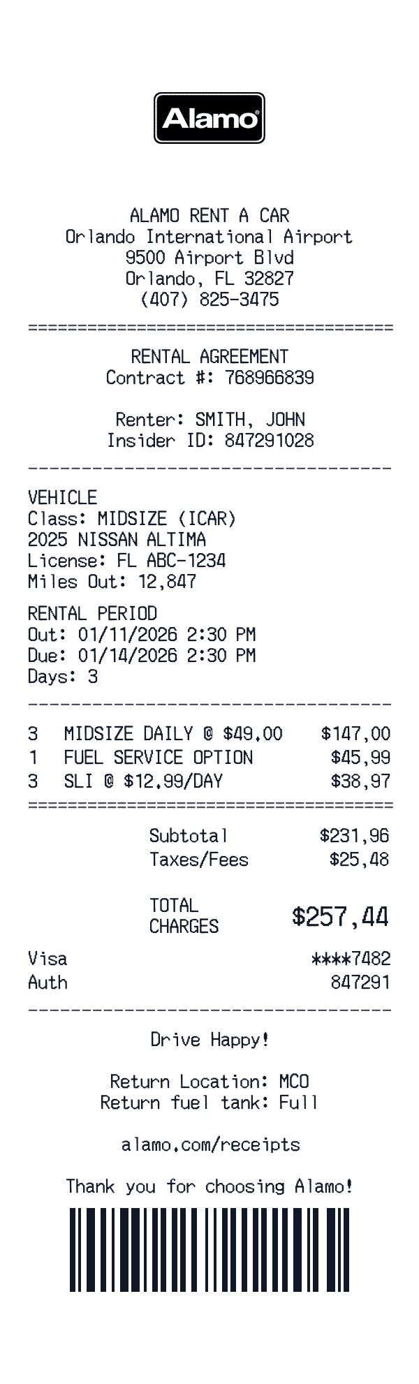 Alamo Rent A Car receipt template example