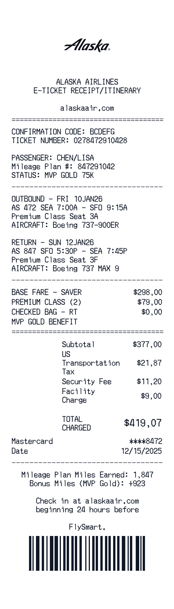 Alaska Airlines receipt template