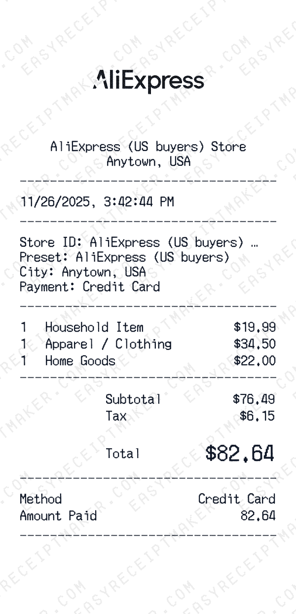 AliExpress (US buyers) receipt template