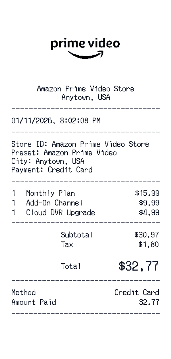 Amazon Prime Video receipt template example