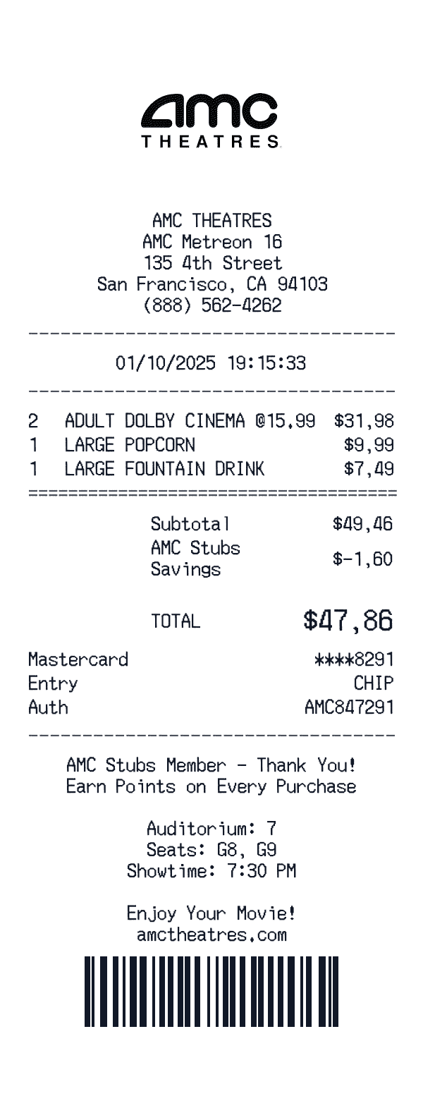 AMC Theatres receipt template