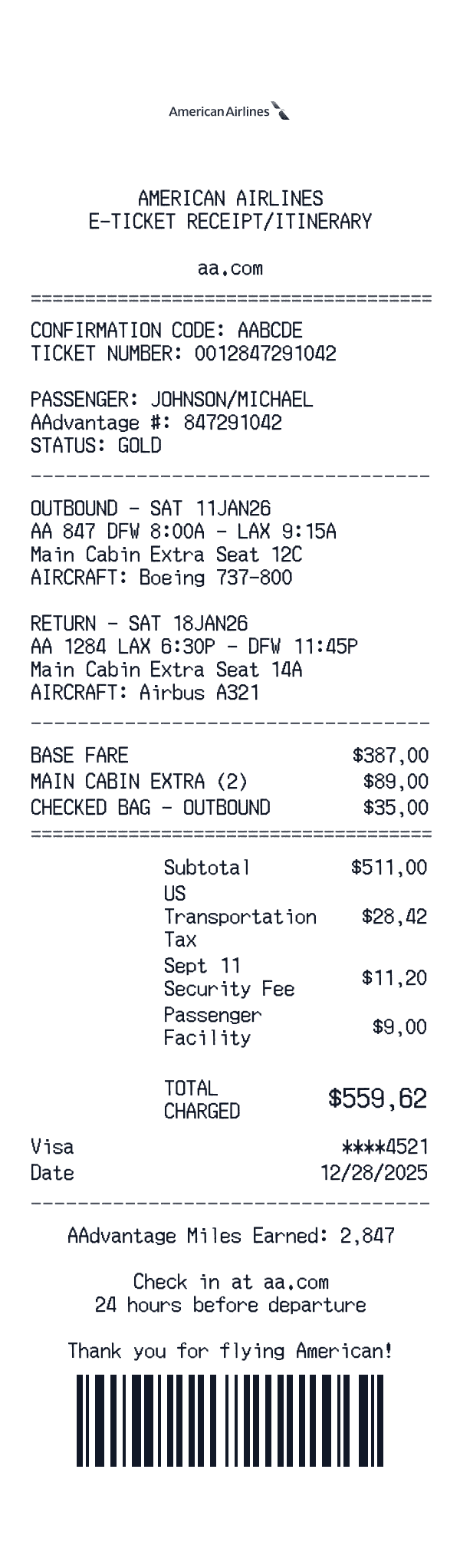American Airlines receipt template