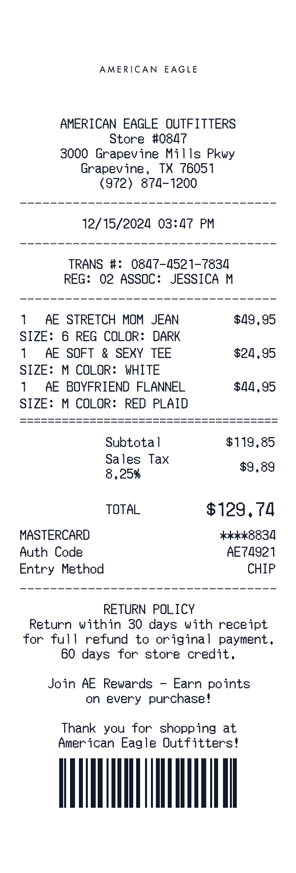 American Eagle Outfitters receipt template example