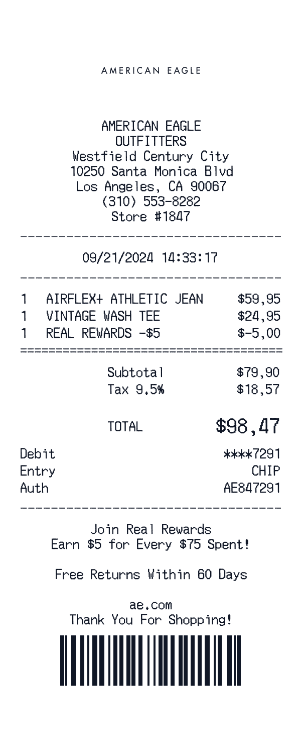 American Eagle receipt template example