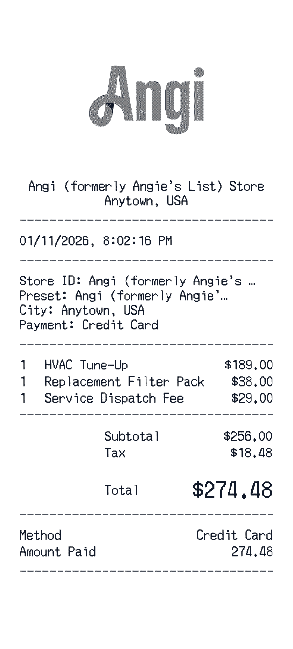 Angi (formerly Angie’s List) receipt template example
