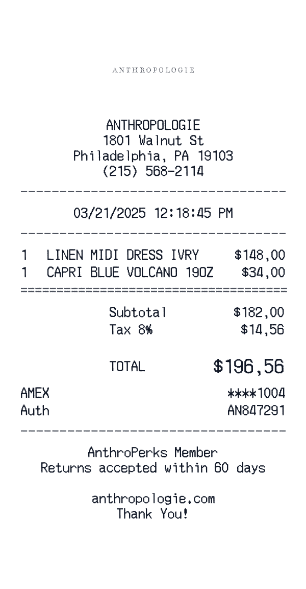 Anthropologie receipt template example