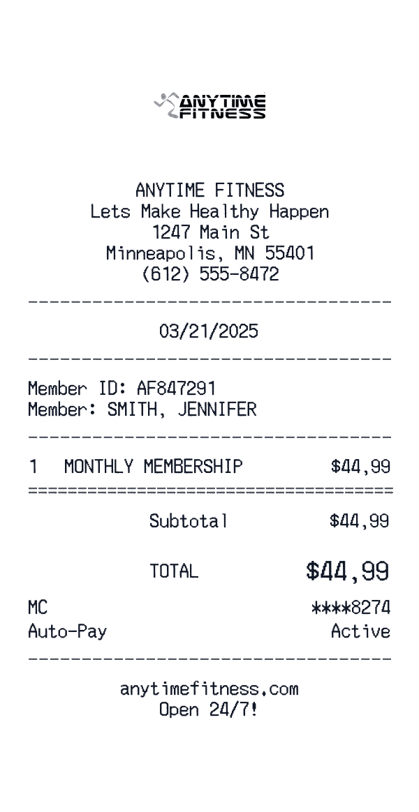 Anytime Fitness receipt template example