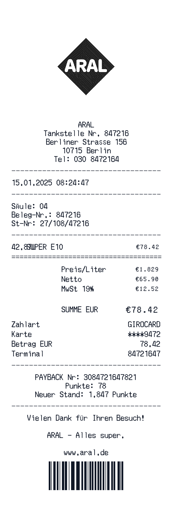 Aral receipt template example - gas station receipt with itemized details, prices, and payment information
