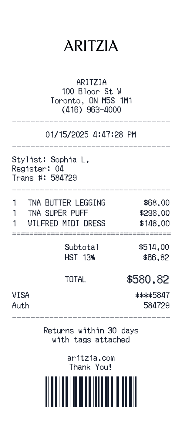 Aritzia receipt template example