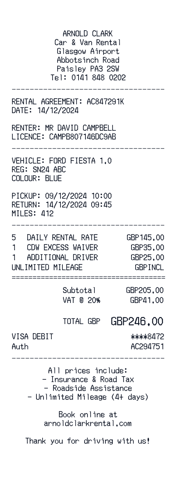 Arnold Clark receipt template example - car rental receipt with itemized details, prices, and payment information