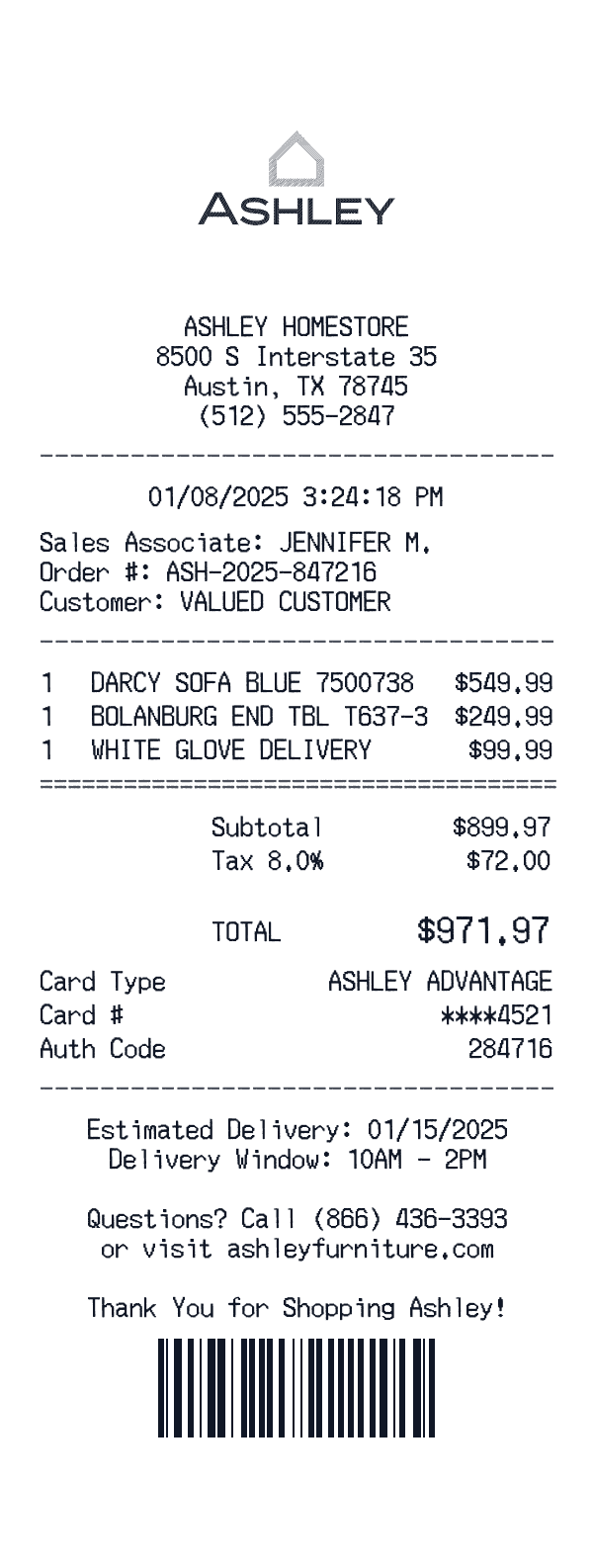 Ashley Furniture receipt template example