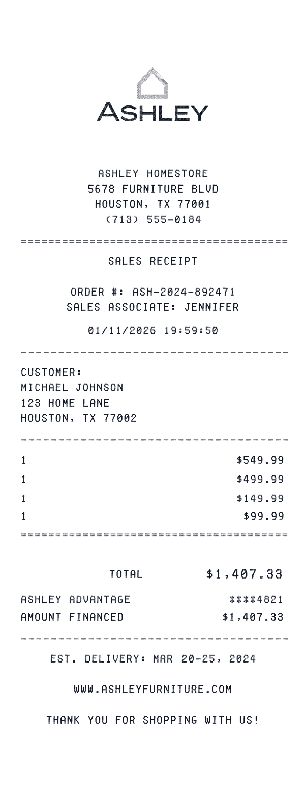 Ashley HomeStore receipt template example