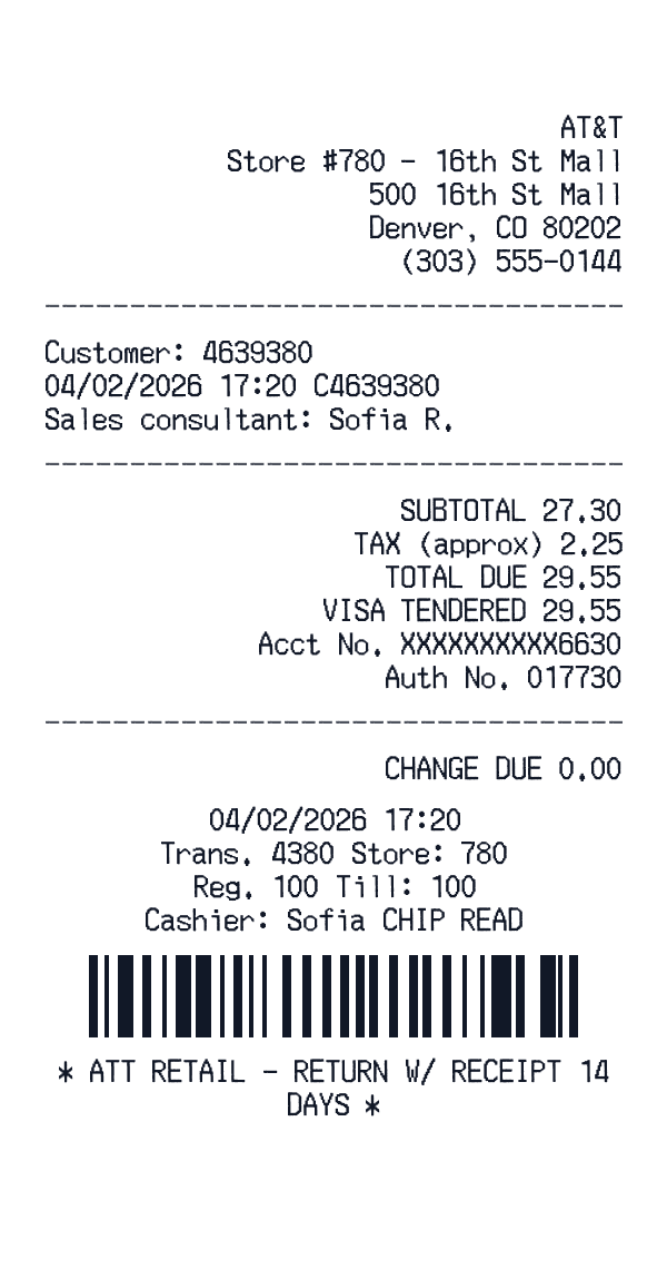 AT&T Retail Store receipt template example