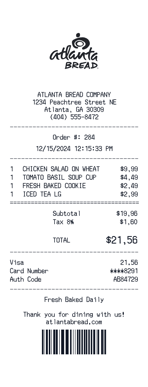 Atlanta Bread Company receipt template example