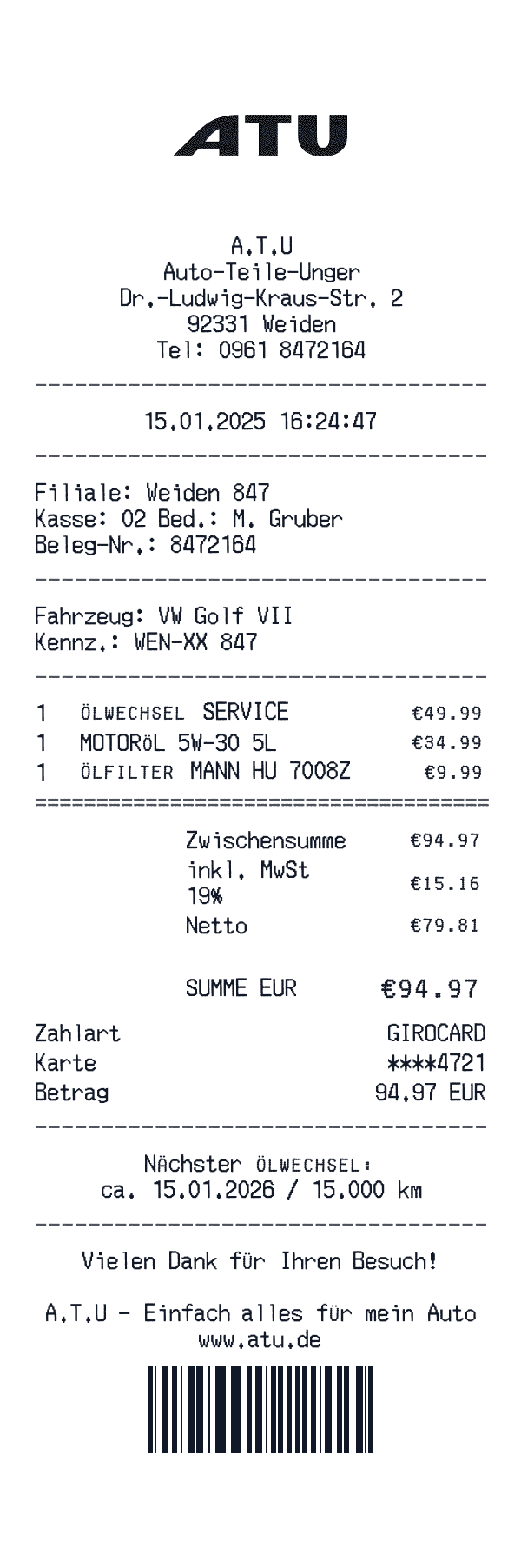 A.T.U receipt template example - auto receipt with itemized details, prices, and payment information