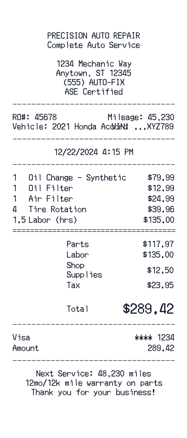 Auto Repair Receipt receipt template example
