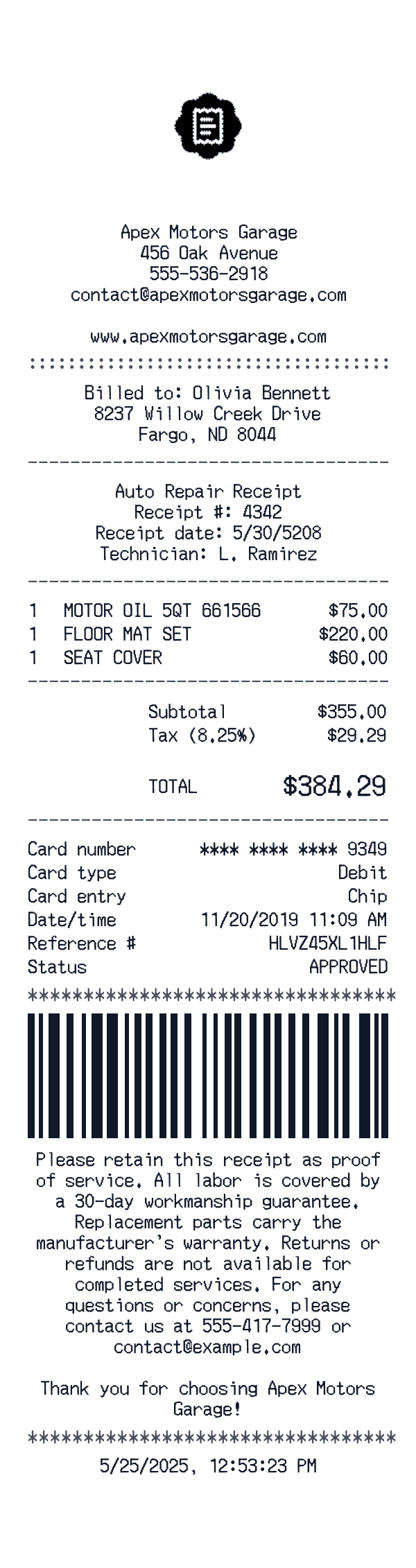 Auto Repair receipt preview