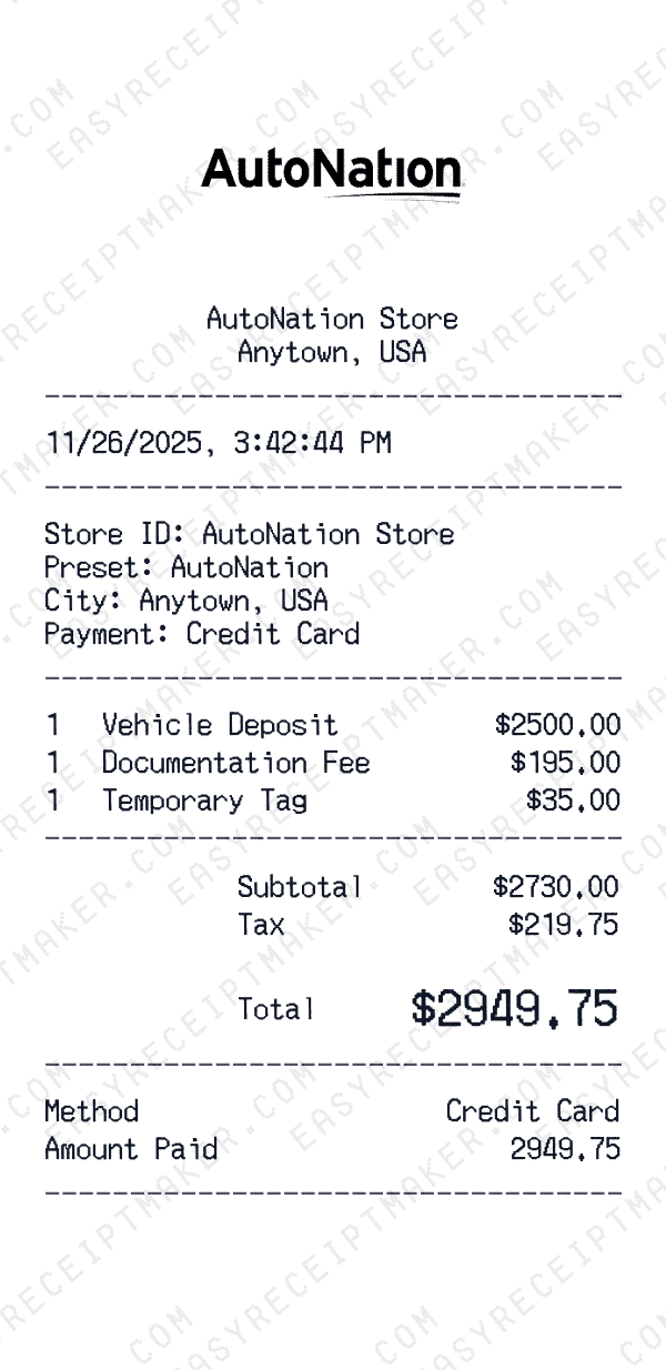 AutoNation receipt template