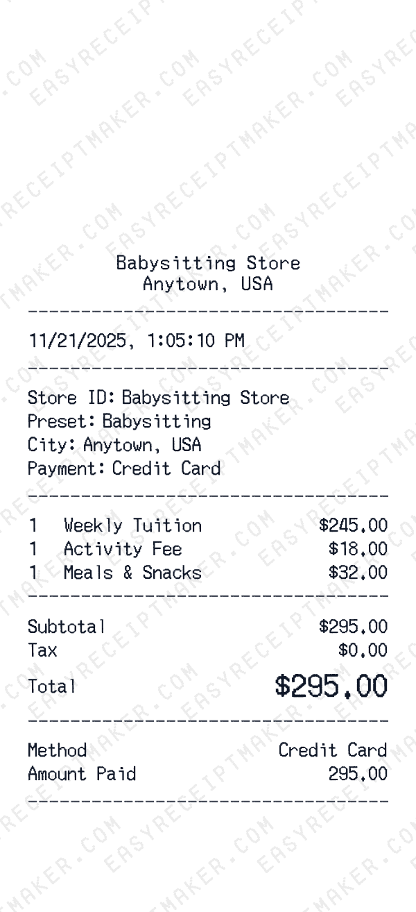 Babysitting receipt template example