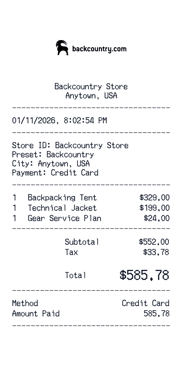 Backcountry receipt template