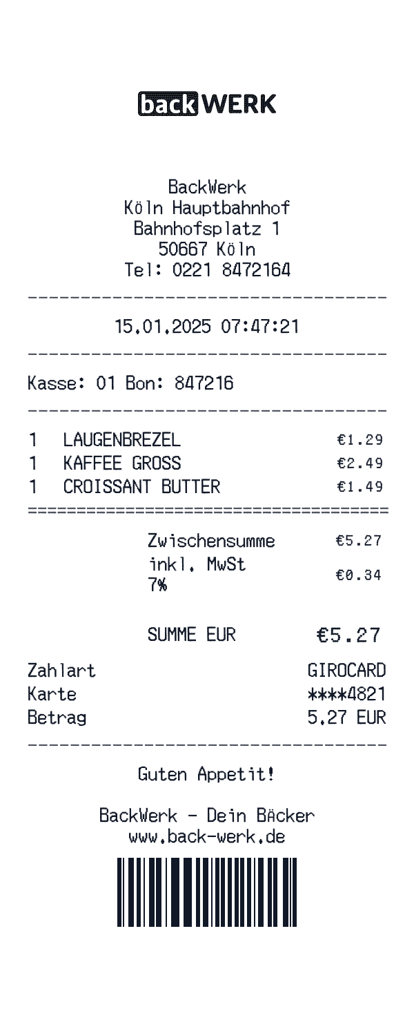 BackWerk receipt template example - other receipt with itemized details, prices, and payment information