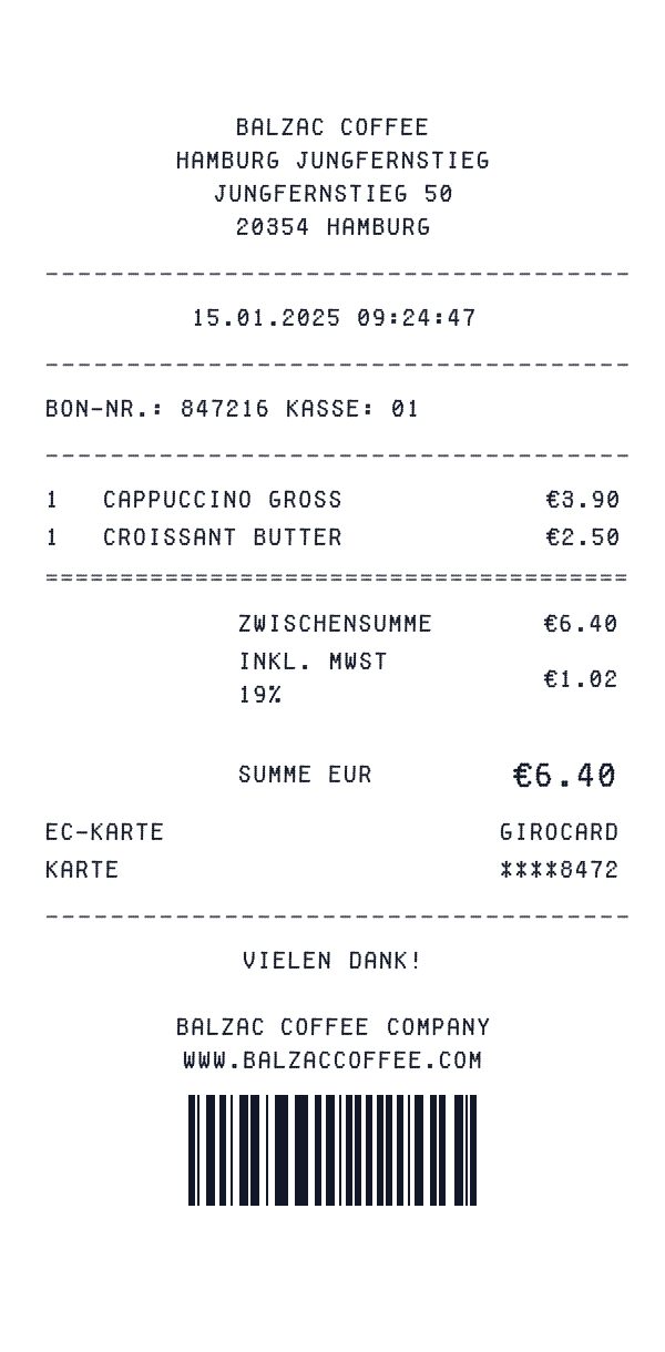 Balzac Coffee receipt preview