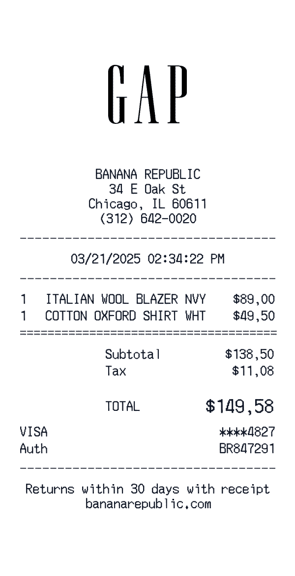 Banana Republic receipt template example