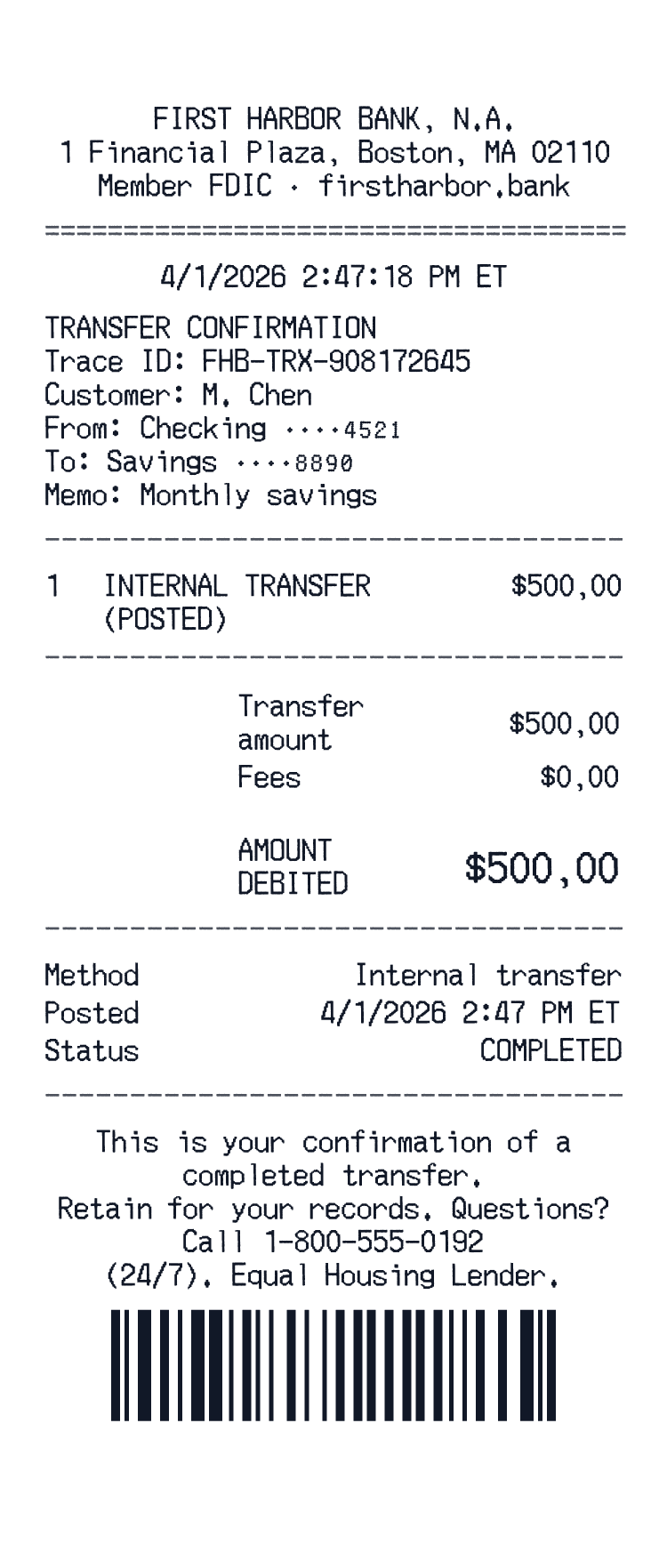 Bank Transaction receipt template example
