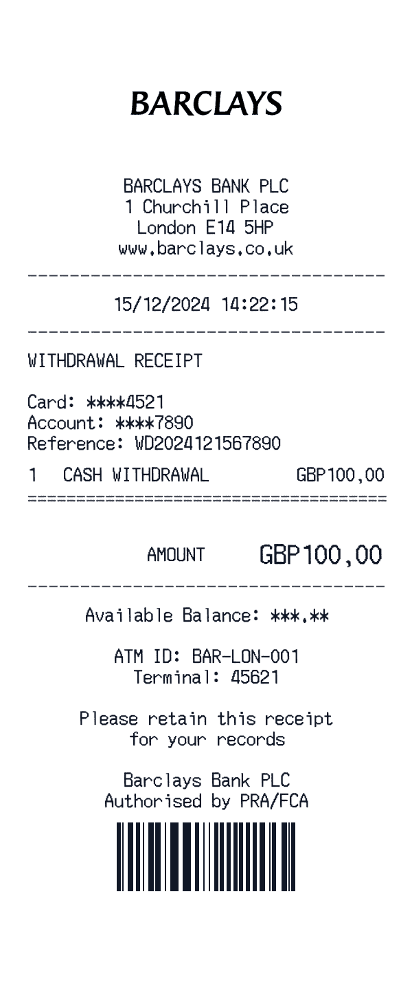 Barclays receipt template example