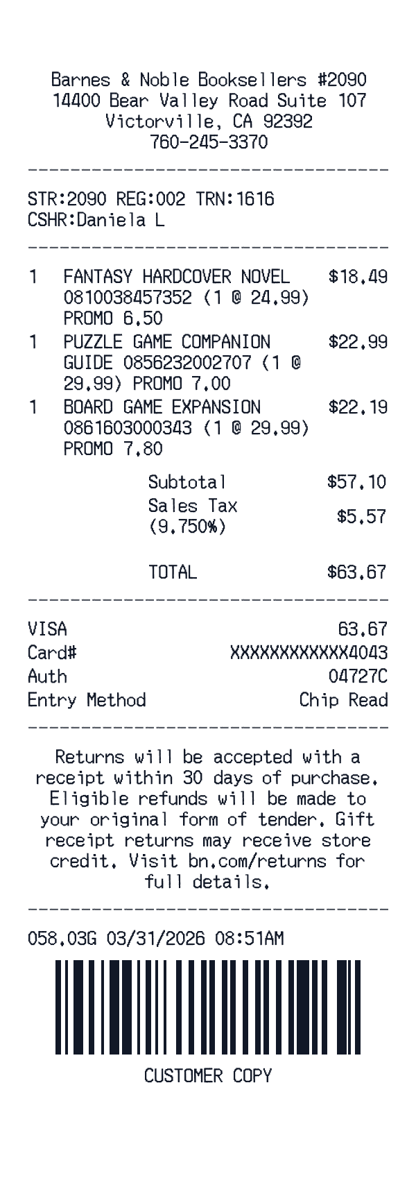 Barnes & Noble receipt template generator preview