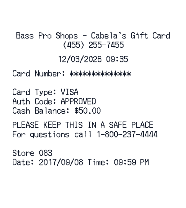 Bass Pro Shops - Cabela’s Gift Card receipt template example