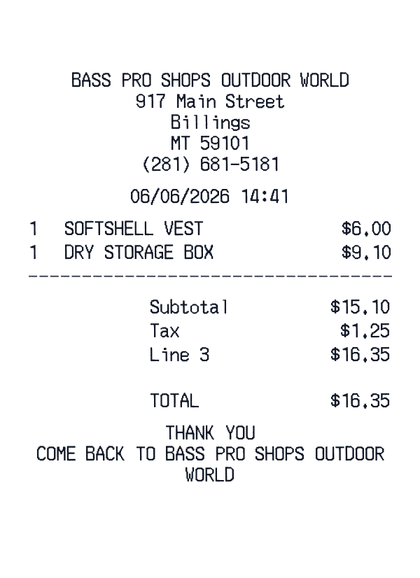 Bass Pro Shops Outdoor World receipt template generator preview