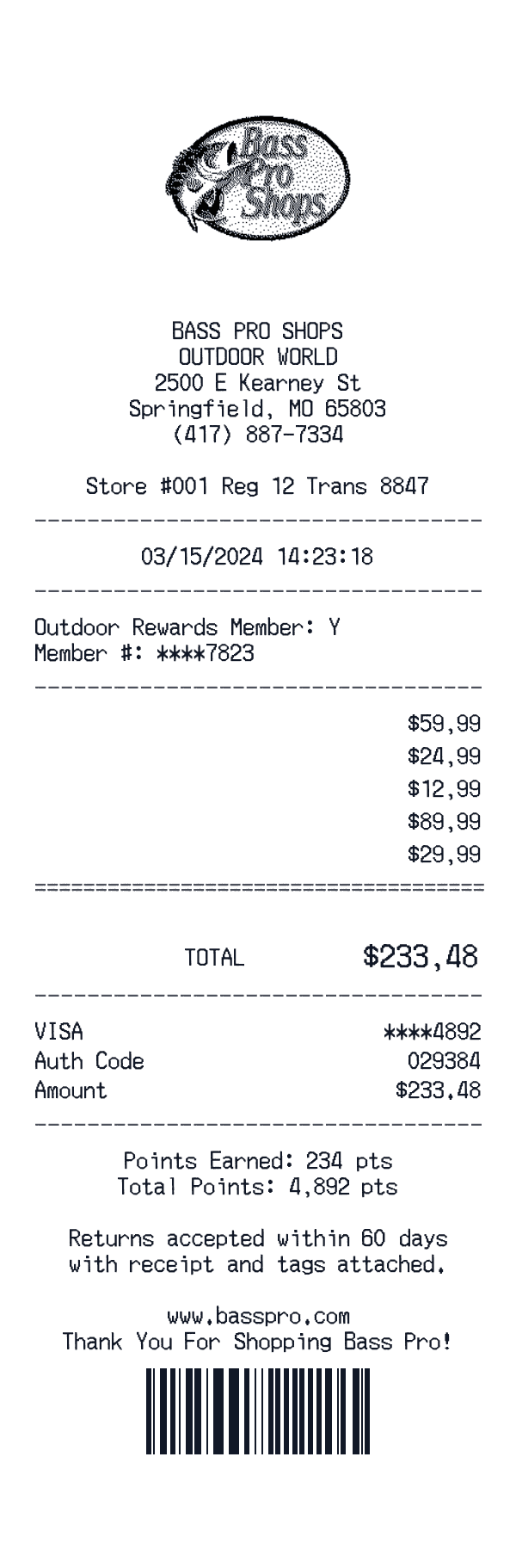 Bass Pro Shops receipt template