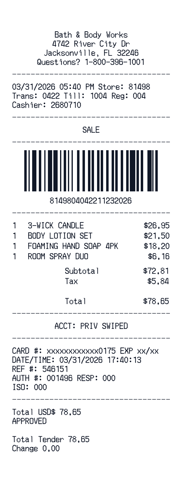 Bath & Body Works receipt template generator preview