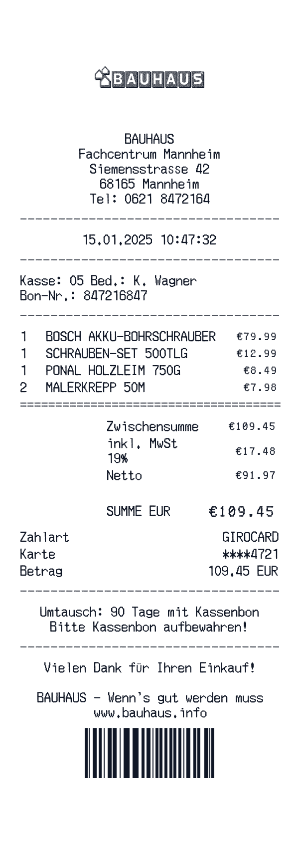 Bauhaus receipt template example