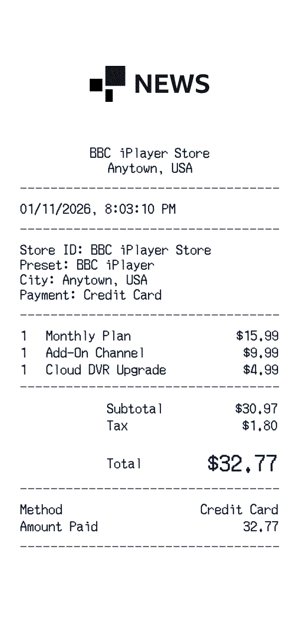 BBC iPlayer receipt template example